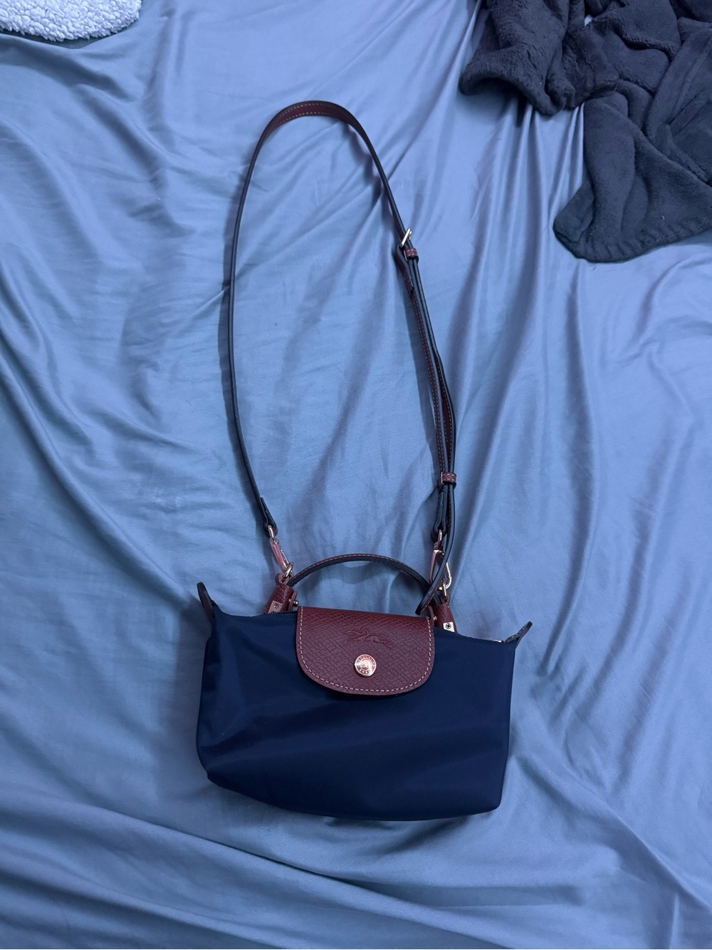 Longchamp Navy and Brown Crossbody Bag